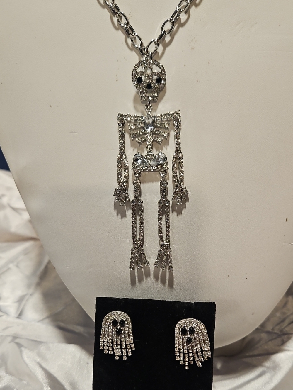 Silver Crystal Skeleton Necklace and Earrings Set